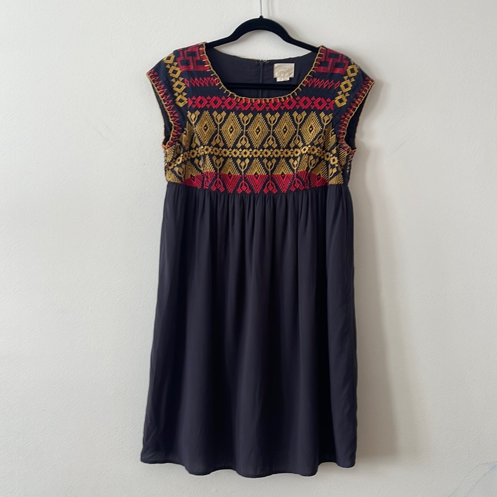 Anthropologie Edme & Esyllte Womens A Line Dress Blue Aztec Embroidered Zip M